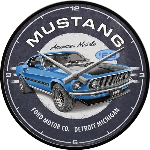 Retro-Wanduhr Ford Mustang "1969 Blue Mach 1", Durchmesser 31,5 cm