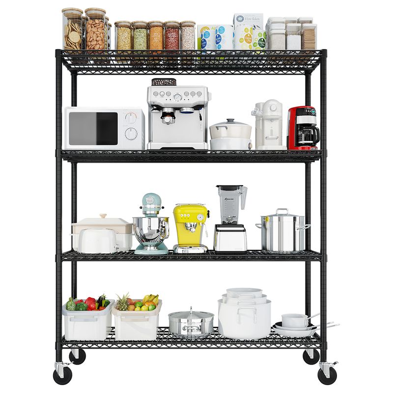 Black four-tier wire shelving unit shown with kitchen storage items