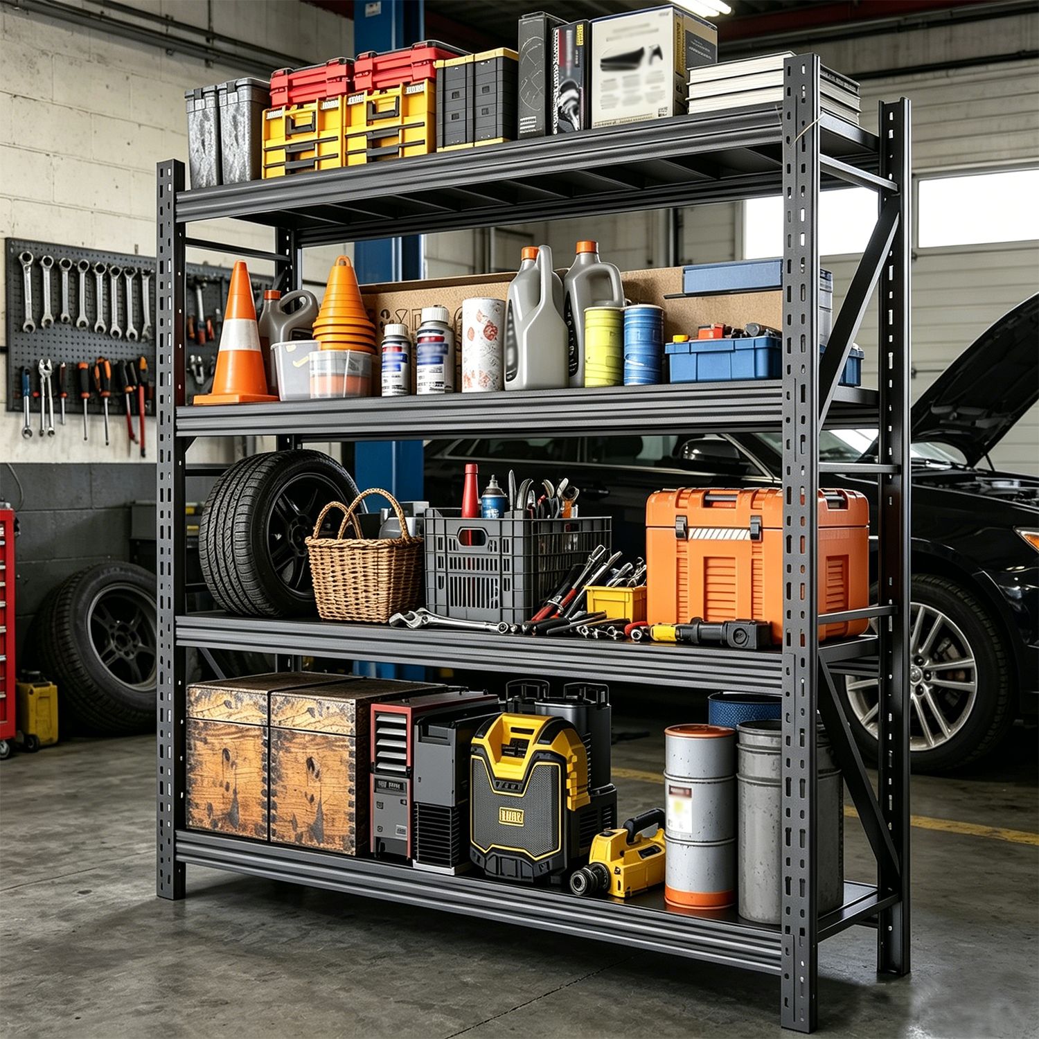 Black four-tier steel storage rack shown holding garage supplies