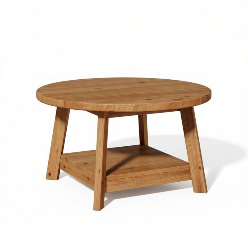 31.5-Inch Round Farmhouse Coffee Table with Shelf — round table and lower shelf