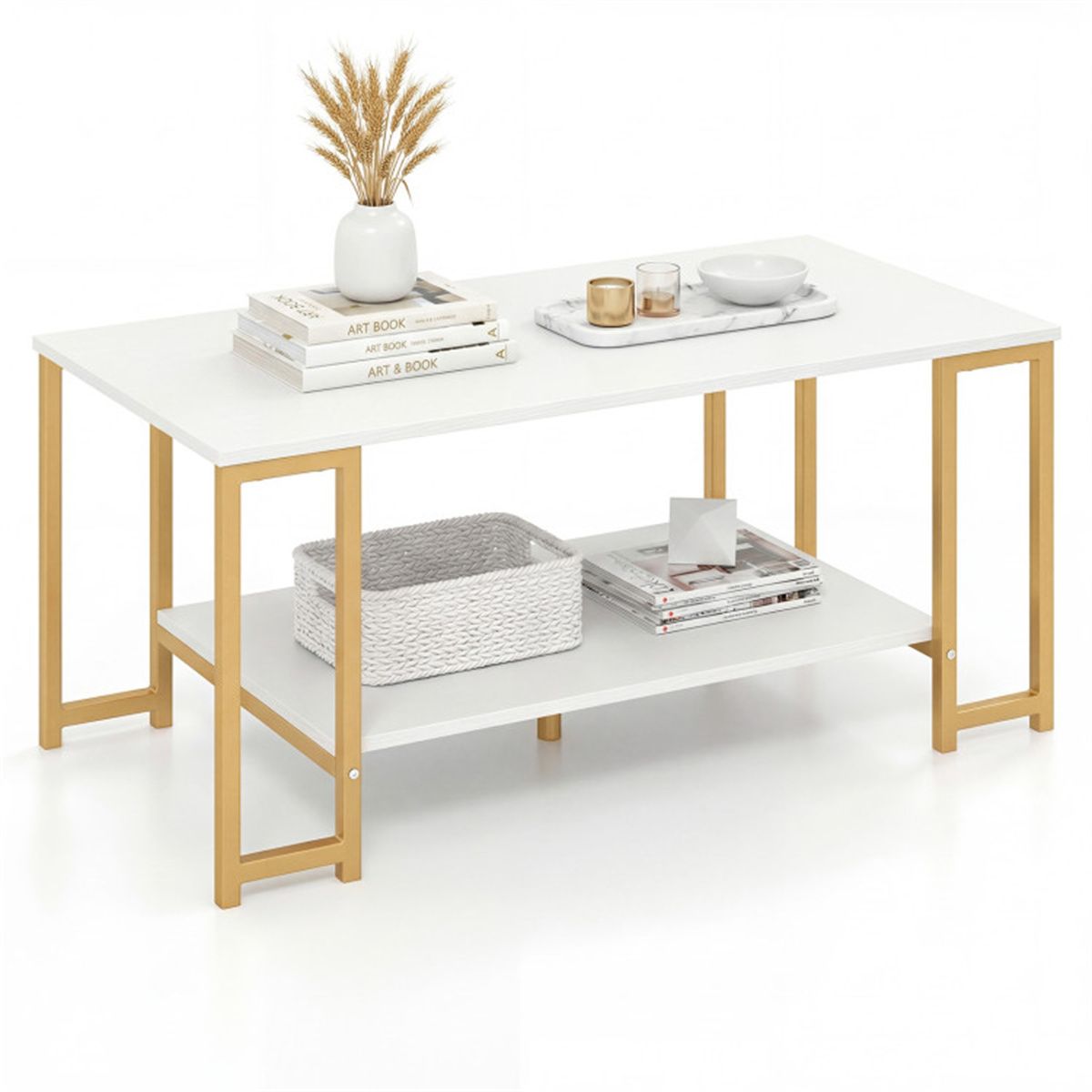 39.5-Inch White and Gold Two-Tier Coffee Table — two-tier coffee table