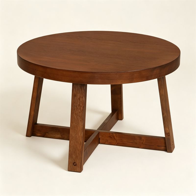 30-Inch Walnut-Finish Round Coffee Table — round table and braced base
