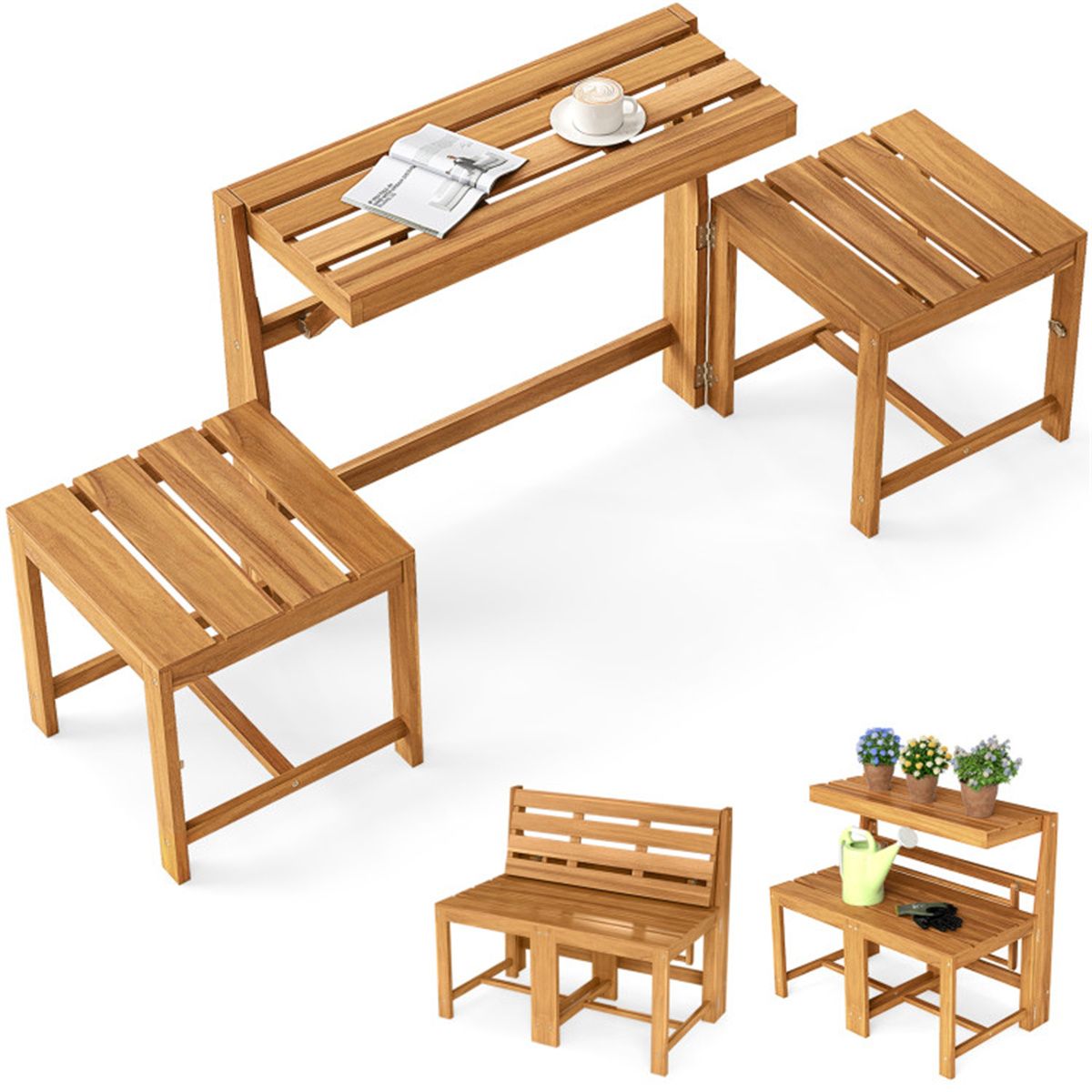 Convertible Acacia Wood Bench and Table Set — table and seating configuration