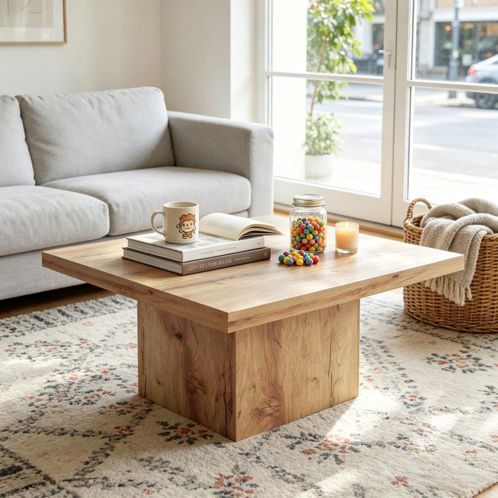 Wood-look coffee table in a bright living room