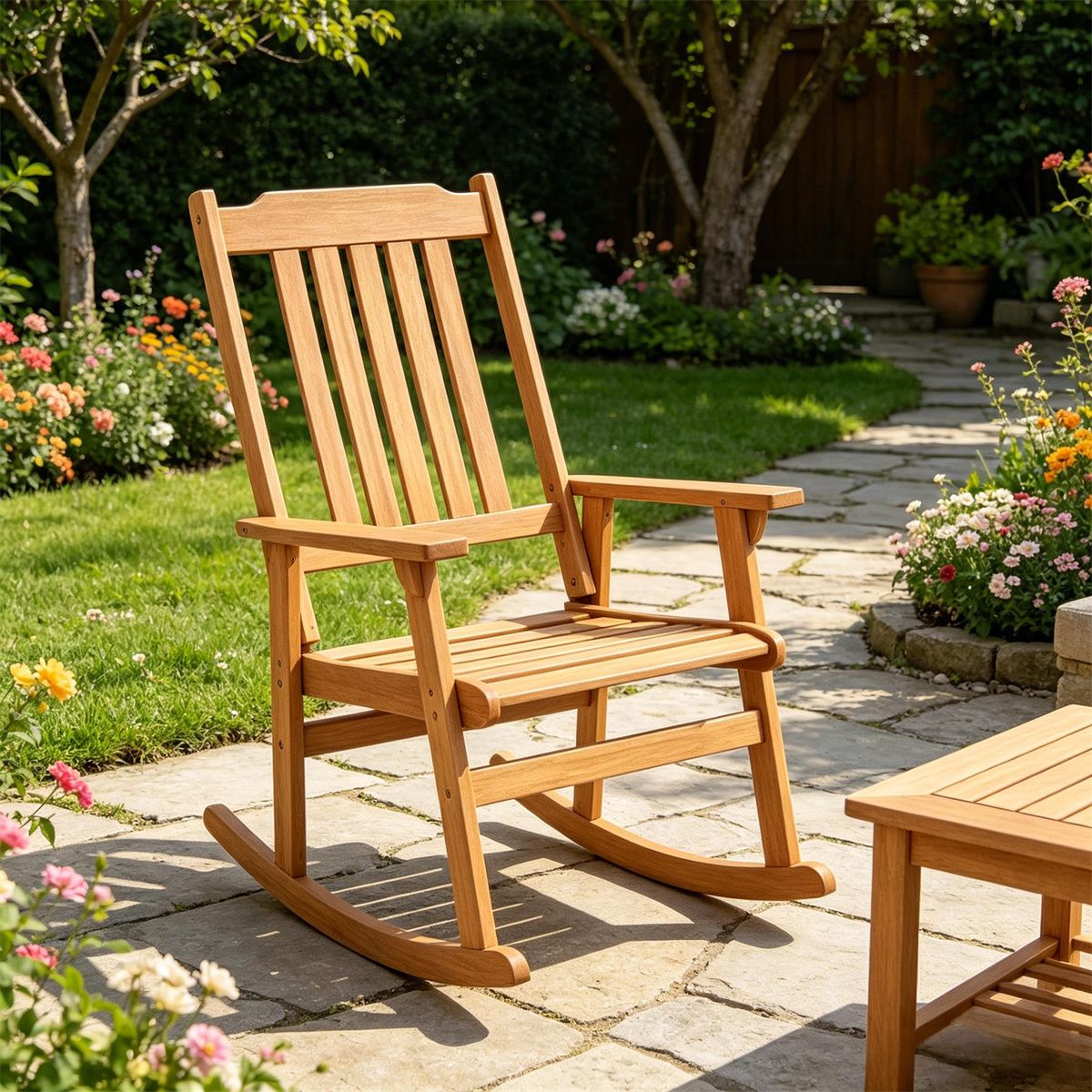 Acacia wood rocking chair in a garden