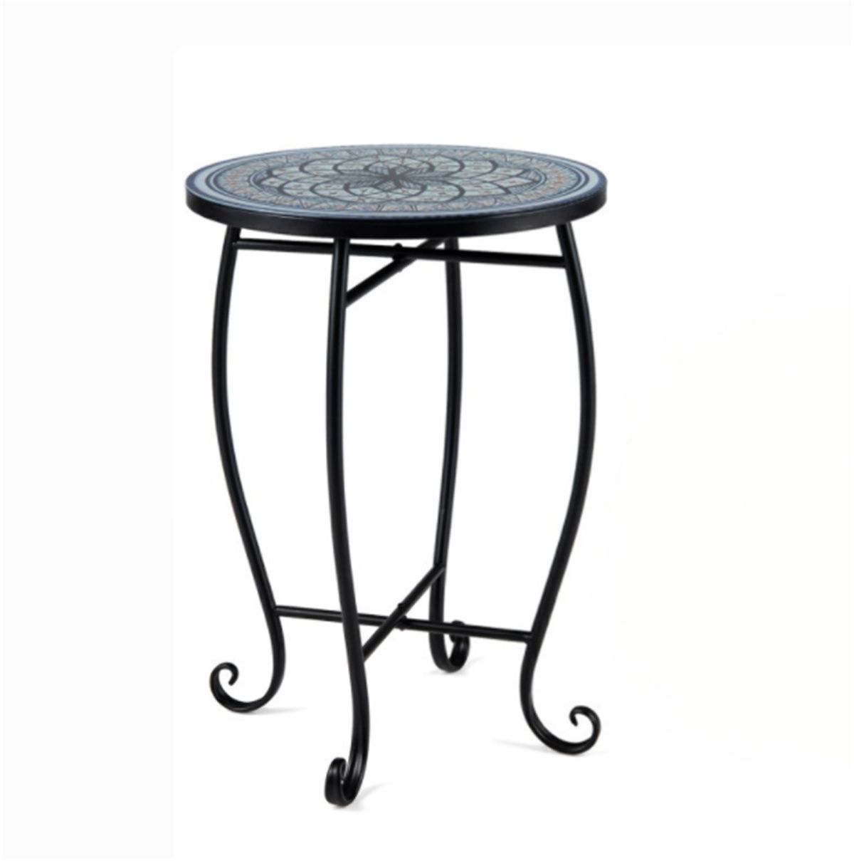 14-Inch Lotus-Pattern Metal Patio Side Table — lotus-pattern tabletop and frame