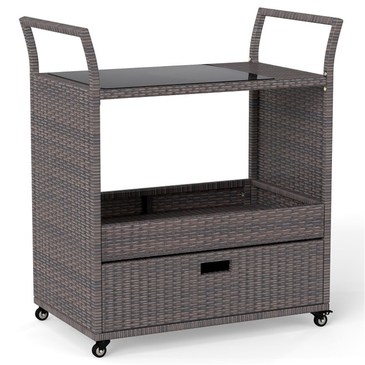 Wicker-Style Patio Bar Cart with Drawer — cart and storage drawer
