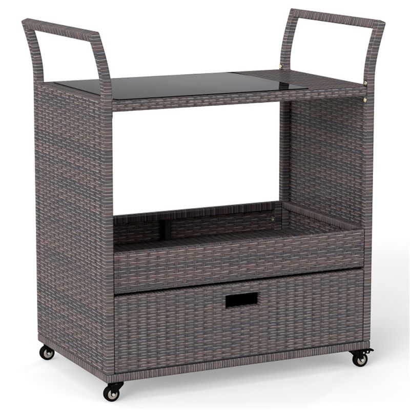 Wicker-Style Patio Bar Cart with Drawer — cart and storage drawer