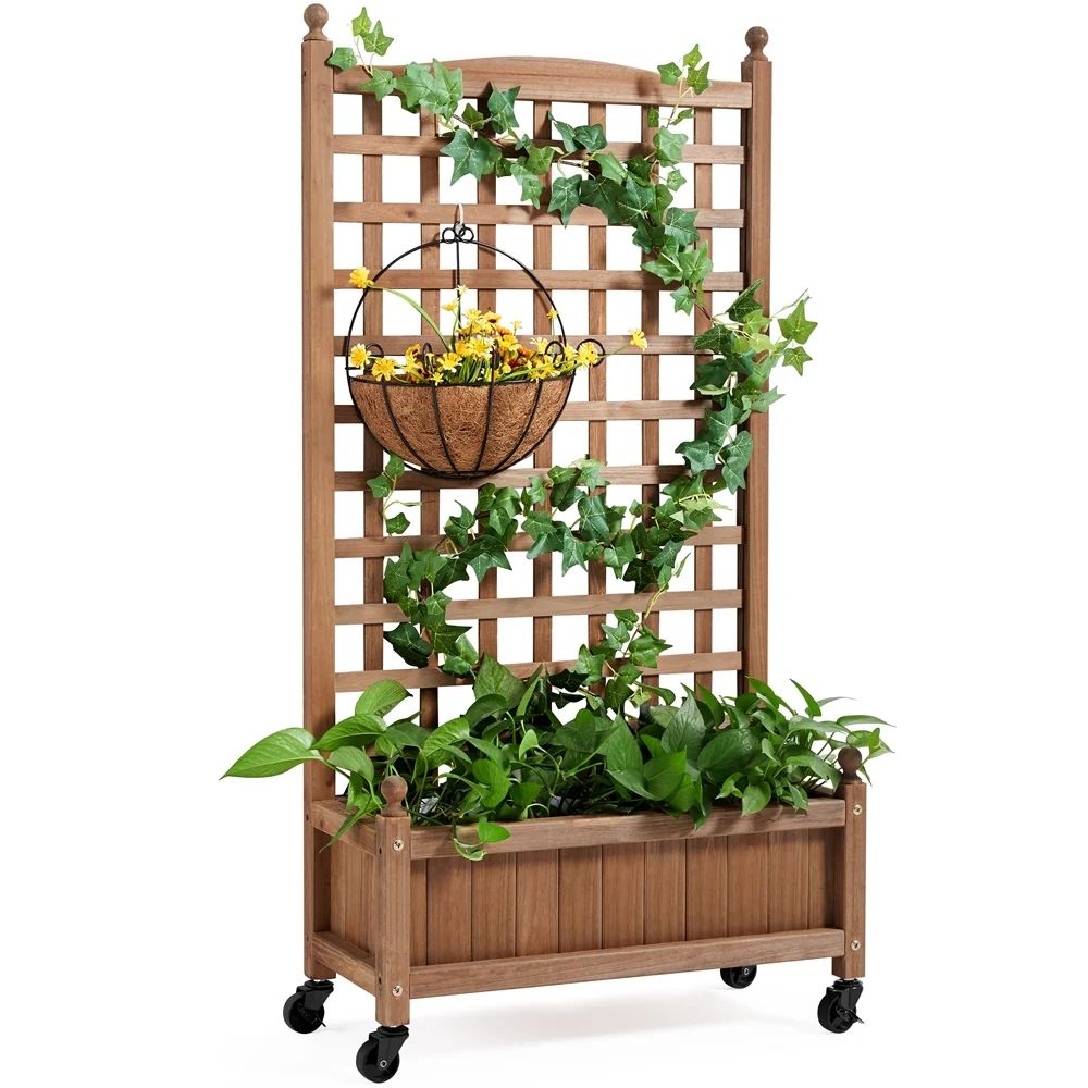 50-Inch Fir Wood Trellis Planter on Wheels — trellis planter with flowers