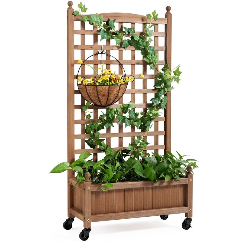 50-Inch Fir Wood Trellis Planter on Wheels — trellis planter with flowers