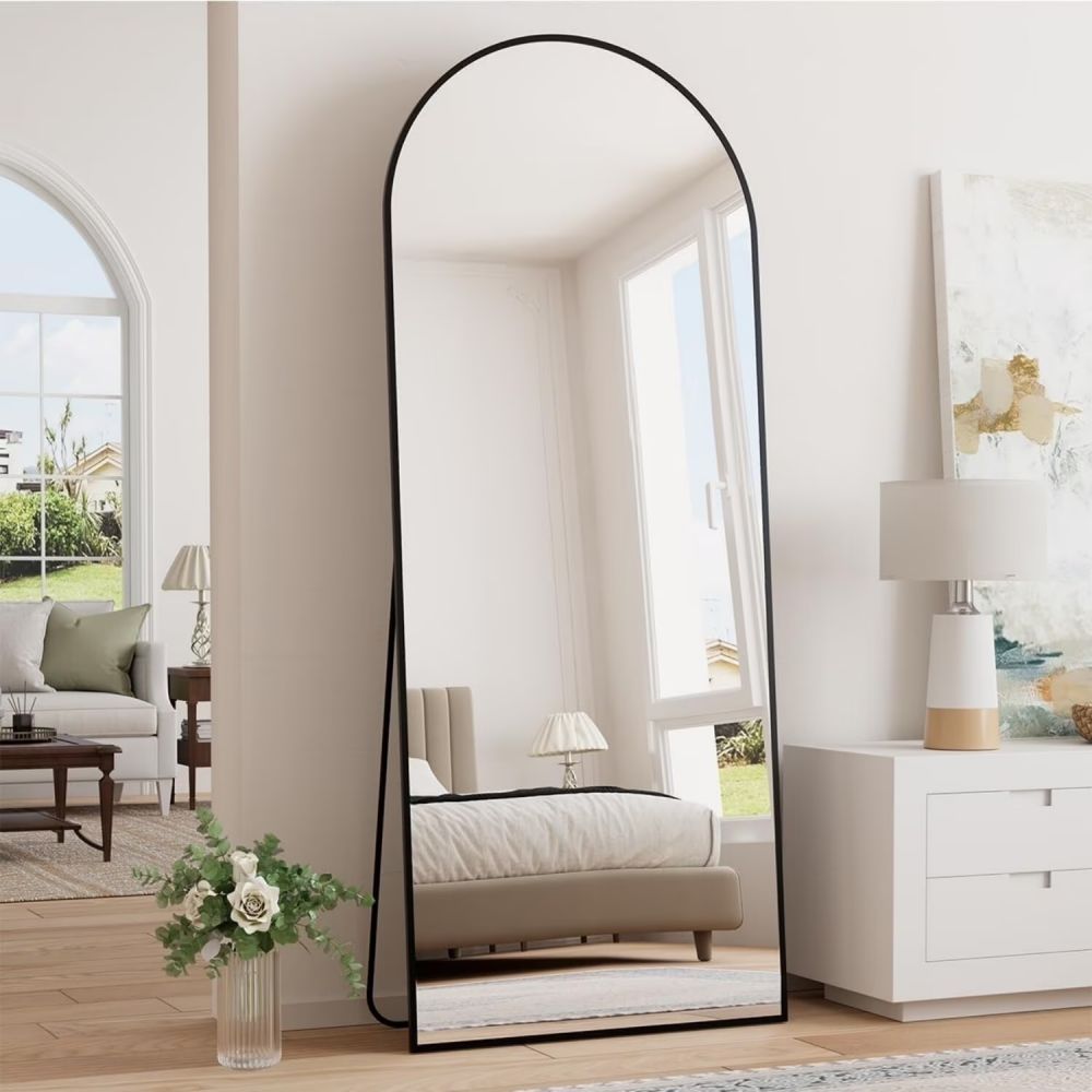 64-Inch Black Arched Full-Length Mirror — arched mirror in a bedroom
