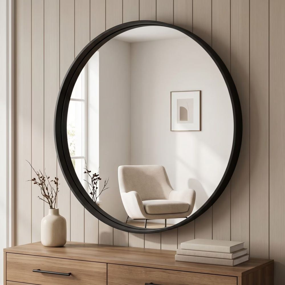 30-Inch Black Round Wall Mirror — round mirror above a console
