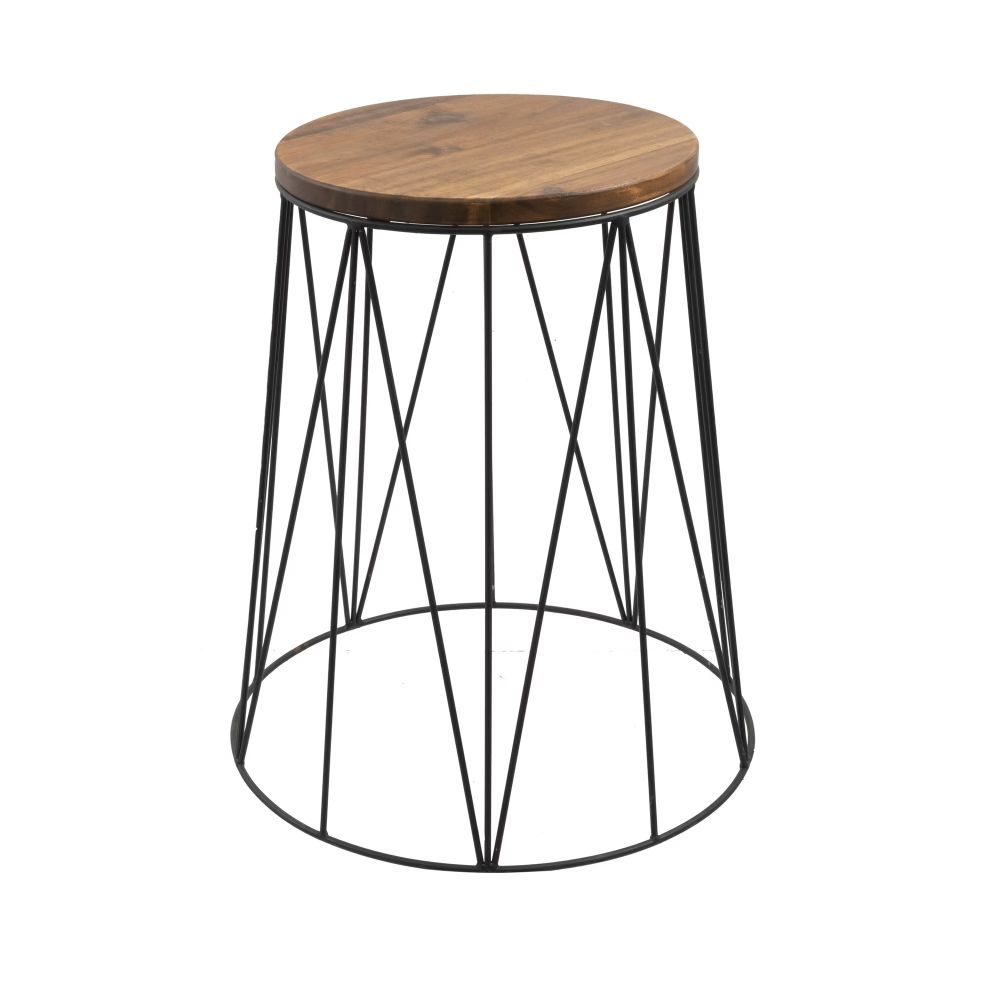 Round Acacia-Top Plant Stand with Metal Base — round wood top and geometric base