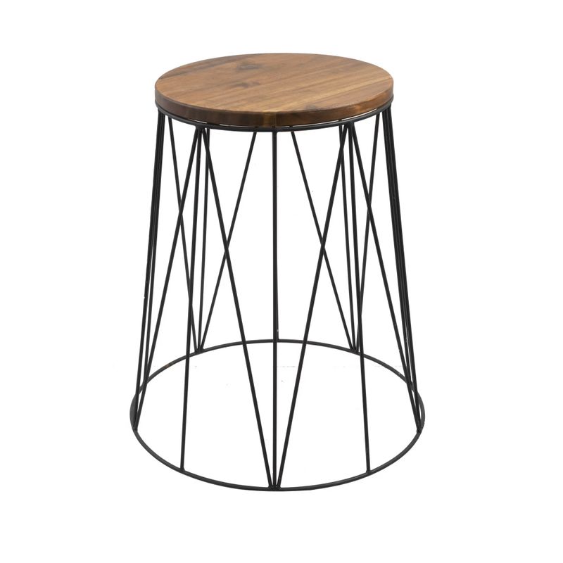 Round Acacia-Top Plant Stand with Metal Base — round wood top and geometric base