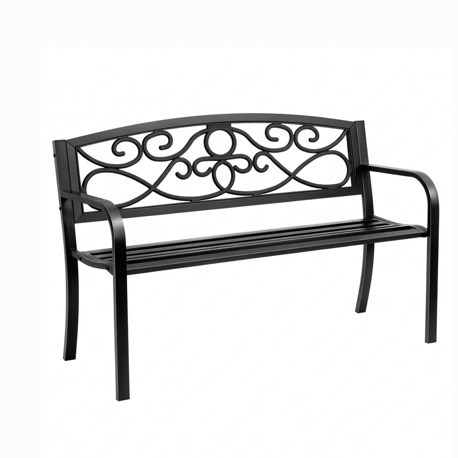 50-Inch Black Floral Scroll Garden Bench — bench front view