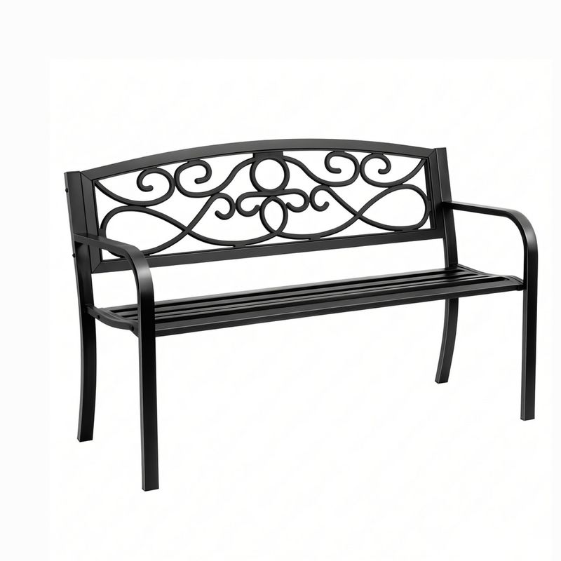 50-Inch Black Floral Scroll Garden Bench — bench front view