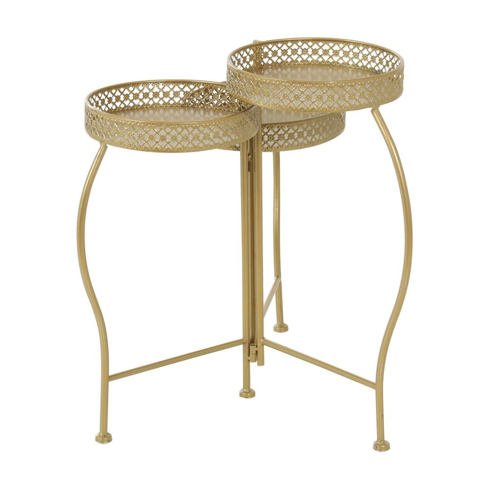 Gold Three-Tier Folding Plant Stand — three circular plant trays