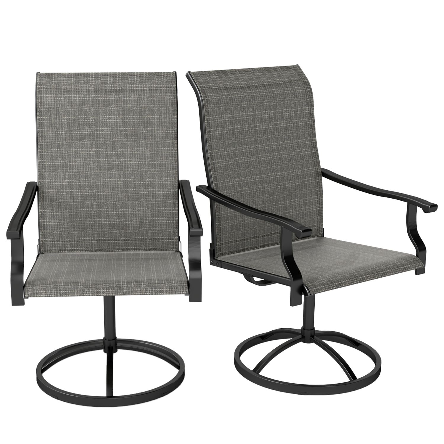 Gray High-Back Swivel Patio Chairs, Set of 2 — pair of gray mesh chairs with black swivel bases