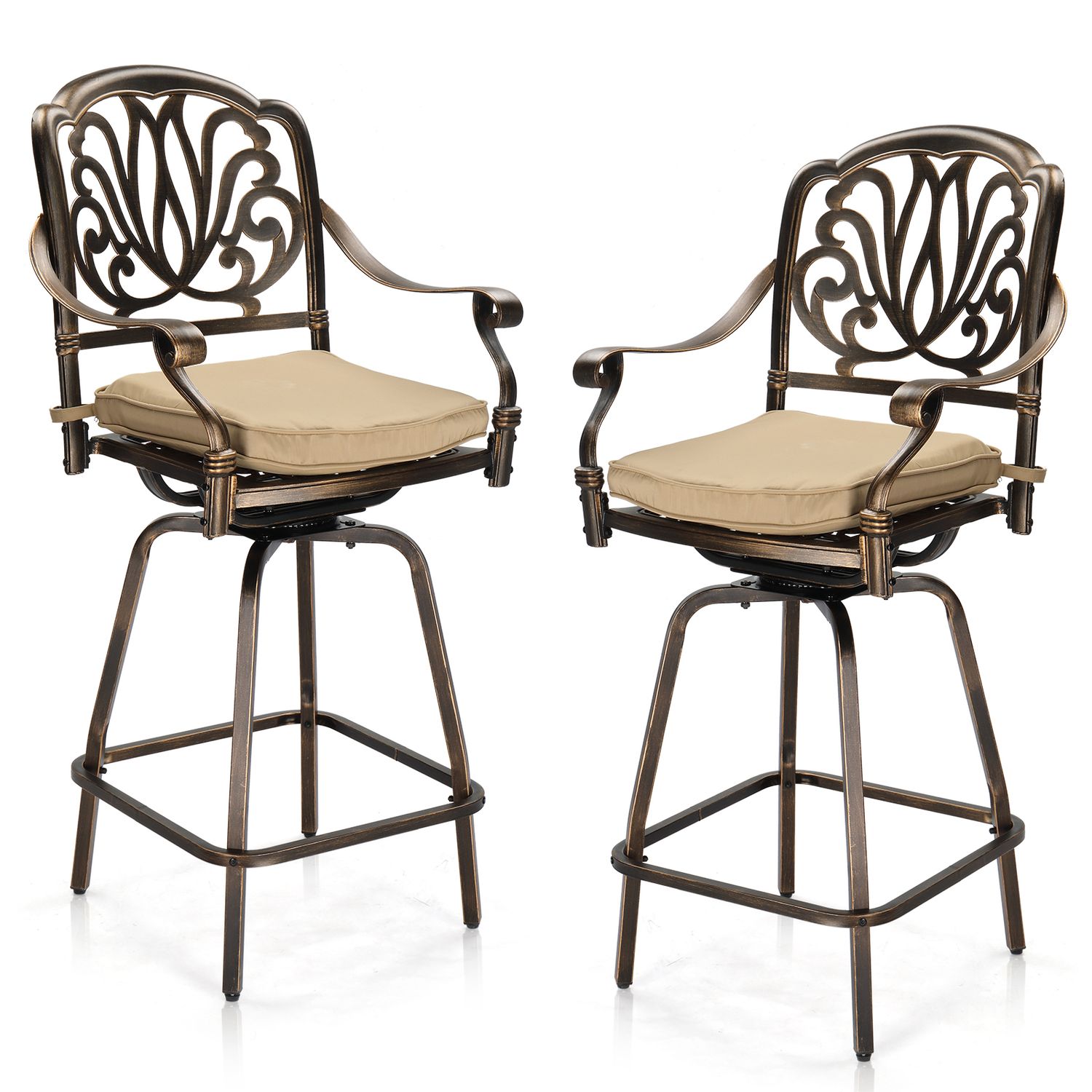 51-Inch Cast Aluminum Swivel Patio Bar Stools, Set of 2 — pair of bronze-tone swivel patio bar stoo…