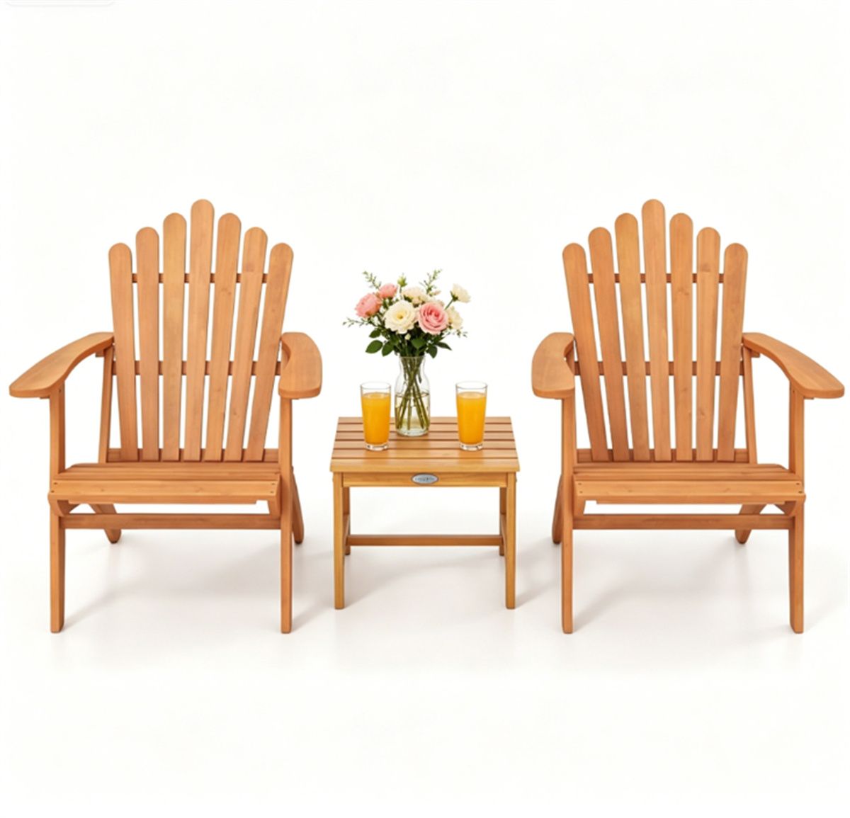 3-Piece Acacia Adirondack Chair Set with Side Table — two natural wood Adirondack chairs with match…