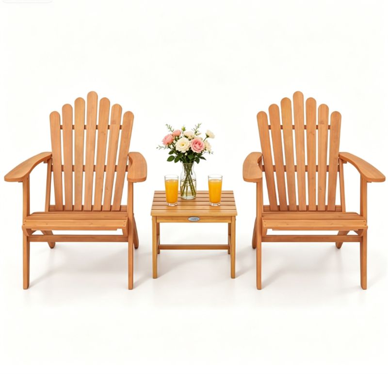 3-Piece Acacia Adirondack Chair Set with Side Table — two natural wood Adirondack chairs with match…
