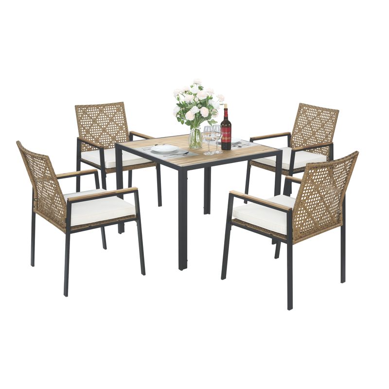5-Piece Acacia-Top Patio Dining Set with Wicker-Style Chairs — complete square dining table and fou…