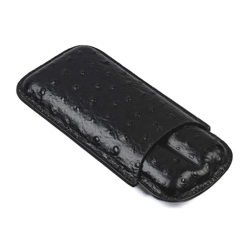 2 FINGER Black Ostrich Leather Cigar Case