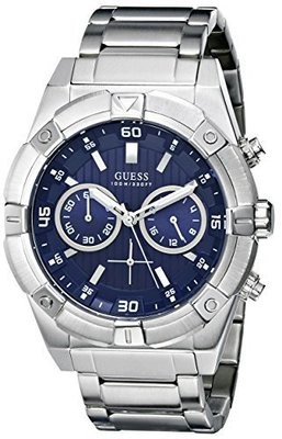 GUESS Men&#39;s U0377G2 Silver-Tone Chronograph Watch with Iconic Blue Dial