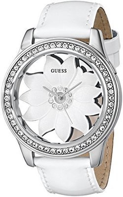 GUESS Women&#39;s U0534L1 White Floral Watch with Genuine Patent Leather Strap