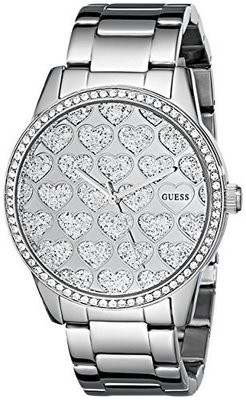 GUESS Women&#39;s U0536L2 Silver-Tone Watch with Glitzy Heart Dial