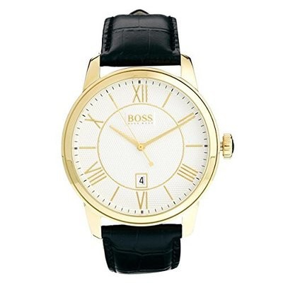 Hugo Boss 1512972 Men&#39;s Silver Dial Gold Plated Steel Black Leather Strap Watch