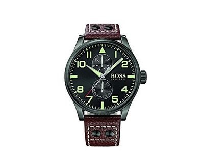 Hugo Boss Men&#39;s Chronograph Boss Black Aeroliner Maxx Brown Leather Strap Watch 50mm 1513079