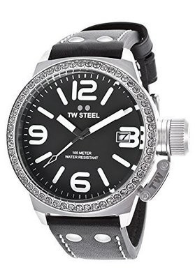 TW Steel Canteen Large Black Leather Strap Swarovski Crystals Watch TW37