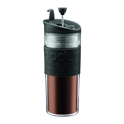 Bodum Travel Tea and Coffee Press, Plastic Insulated Travel Mug, Black, 15 Ounce