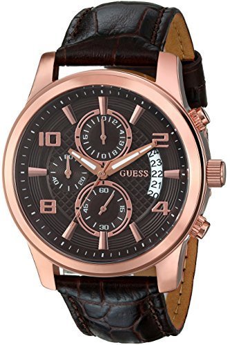 GUESS Men&#39;s U0076G4 Stainless Steel Watch with Brown Leather Band