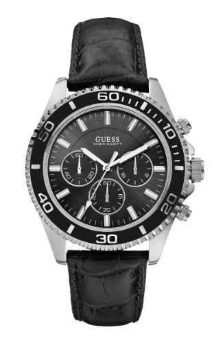 GUESS Men&#39;s U0171G1  Black Classic Crocodile-Grained Leather Strap Chronograph Watch