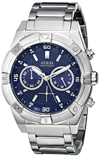 GUESS Men&#39;s U0377G2 Silver-Tone Chronograph Watch with Iconic Blue Dial