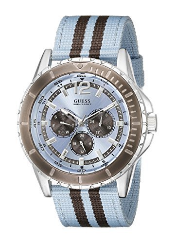 GUESS Men&#39;s U0454G4 Ice Blue &amp; Brown Canvas Multi-Function Watch with Day, Date &amp; 24 Hour Int&#39;l Time