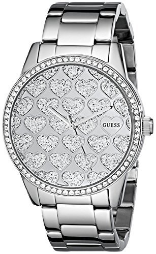 lyse deres kampagne GUESS Women's U0536L2 Silver-Tone Watch with Glitzy Heart Dial