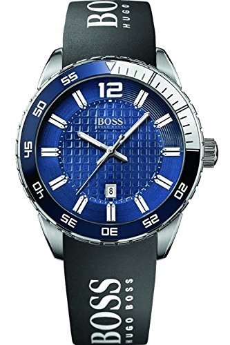 Hugo Boss Men&#39;s Blue Dial Black Silicone Logo Band Chrono Watch