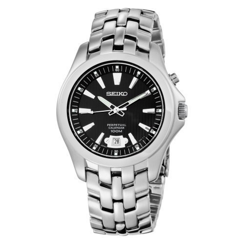 Seiko Men&#39;s SNQ101 Perpetual Calendar Solid Stainless-Steel Case and Bracelet Black Dial Watch