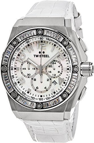 TW Steel CEO Tech Swarovski Crystal Stainless Steel Watch - Mother-of-Pearl Dial Date 24-hour TW Steel Watch Womens - White Leather Band 44mm Chronograph Watch CE4015