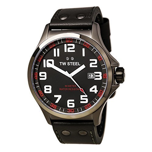 TW Steel Pilot TW421 Gray PVD titanium coated steel &amp; Leather Watch - 48 mm