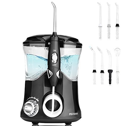 PECHAM 600ml Capacity Professional Water Dental Flosser for Home &amp; Travel - Leak-Proof Electric Quiet Design Oral Irrigator with7 Interchangeable Nozzles for Adults &amp; Kids, Black &amp; White