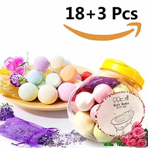 Bath Bombs Gift Set, 18 Family Spa Vegan Lush Fizzies with Natural Essential Oils,3 Flower Pental Bags, Moisturize Dry Skin,Add to Bubble Bath,Basket,Bath Beads