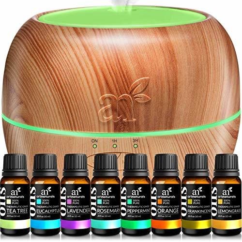 ArtNaturals Aromatherapy Essential Oil and Diffuser Gift Set - (150ml Tank &amp; Top 8 Oils) - Peppermint, Tee Tree, Lavender &amp; Eucalyptus - Auto Shut-off and 7 Color LED Lights – Therapeutic Grade