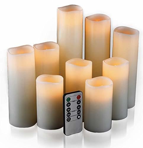 Flameless Candles, Battery Candles Set of 9(H 4&quot; 5&quot; 6&quot; 7&quot; 8&quot; 9&quot; xD 2.2&quot;) Ivory Real Wax Pillar Candles With Remote Timer by (Batteries not included)
