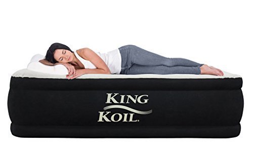 King Koil QUEEN SIZE Luxury Raised Air Mattress - Best Inflatable Airbed with Built-in Pump - Elevated Raised Air Mattress Quilt Top &amp; 1-year GUARANTEE