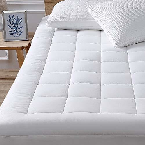 Mattress Pad Cover-Cotton Top with Stretches to 18” Deep Pocket Fits Up to 8”-21” Cooling White Bed Topper (Down Alternative, Queen)