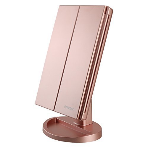 RICHEN DeWEISN Tri-Fold Lighted Vanity Makeup Mirror with 21 LED Lights, Touch Screen and 3X/2X/1X Magnification Mirror, Two power Supply Mode Tabletop Makeup Mirror,Travel Cosmetic Mirror (Rose Gold)